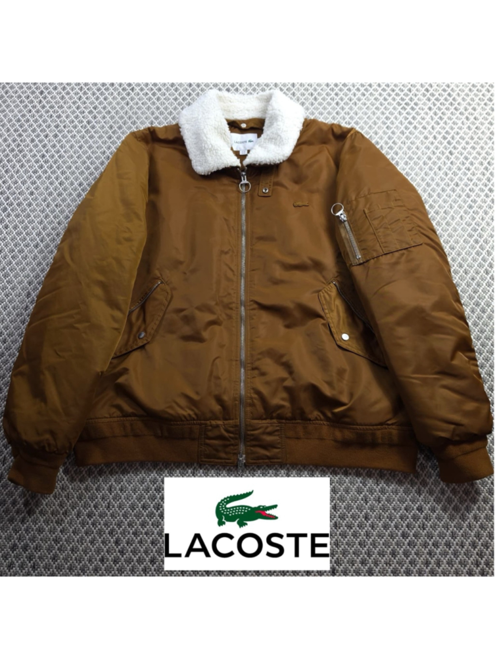 Lacoste Mens XL Sherpa Collar Padded Bomber Jacket Brown BH8405 Removable Collar